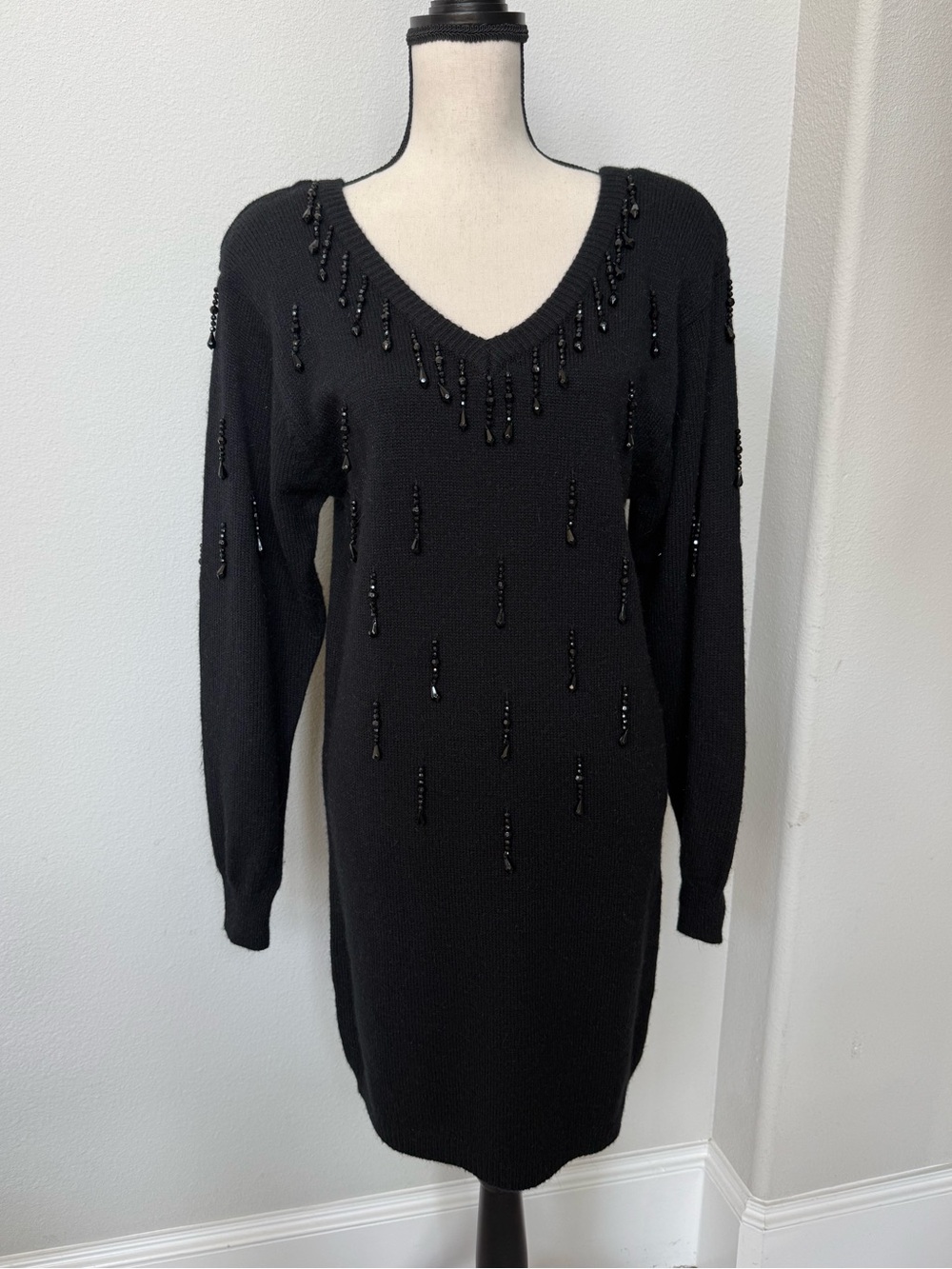 Vintage JR’s Dresses Black Beaded V-Neck Sweater Dress